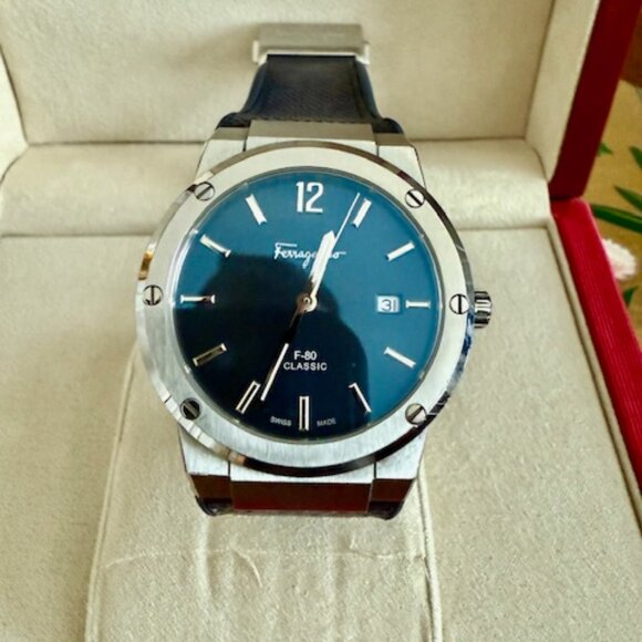 Ferragamo Men's F-80 Watch Classic Blue Leather Strap Blue Dial 42mm & Watch Box - Picture 8 of 13
